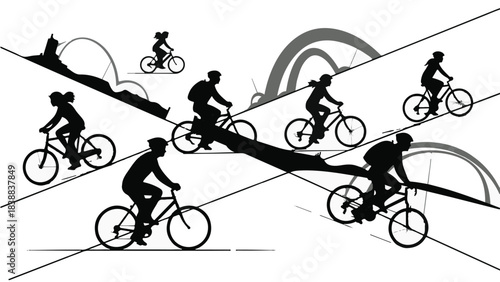 Silhouettes of cyclists riding bicycles on road with rainbow