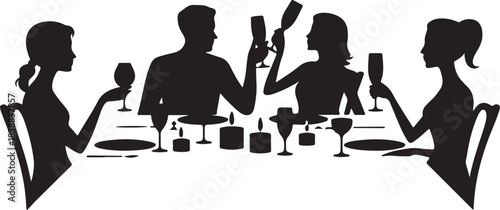 Silhouettes of people dining at a table with wine glasses and candles