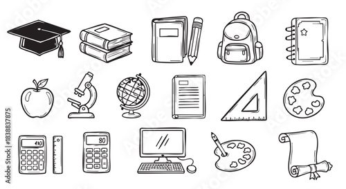 Doodle drawing style education and science objects illustration set