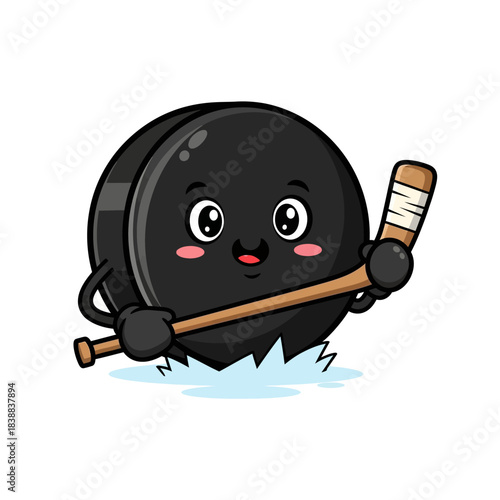 Cute cartoon hockey puck character holding a stick ready to play ice sport with happy expression