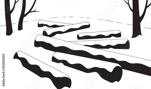 Snow covered logs in a forest clearing wood timber