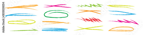 Colorful hand drawn brush stroke underlines and highlight marks. charcoal stripes, ovals and crossed rough lines symbol. vector illustration.
