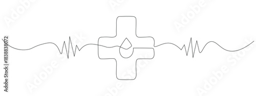 Continuous one line art drawing of medical cross, blood drop, and heartbeat pulse icon vector. vital signs and medical monitoring symbol. vector illustration.