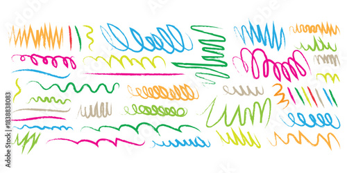 Colorful hand drawn brush strokes and scribbles. Pencil sketches, freehand drawings, swashes and scribbles. chaotic scribbles symbol. vector illustration.