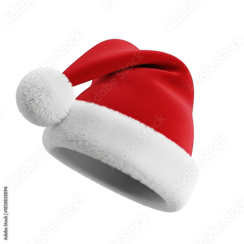 Santa Claus Hat with White Fur Trim and Pom-Pom on Black Background
