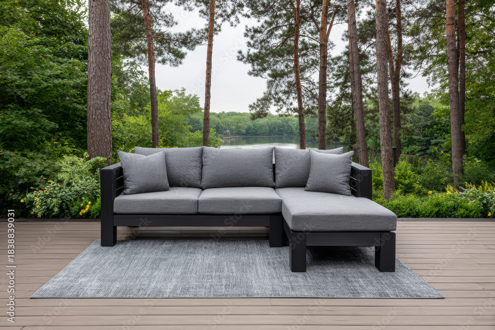 Fototapeta premium Modern outdoor sectional sofa set on deck by serene lake surrounded by tall trees in early morning light
