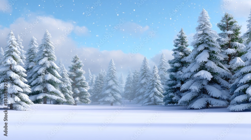 Naklejka premium Serene Winter Wonderland with Snow-Covered Pine Trees under a Bright Blue Sky and Soft Flurries of Snowfall in a Peaceful Natural Landscape