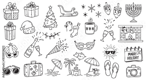 Festive holiday doodle collection of seasonal items for parties and celebrations