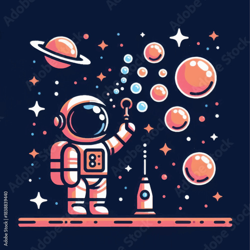 Astronaut blowing bubbles in space with planets and stars around.