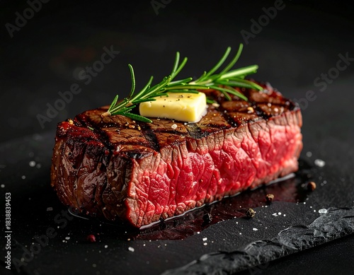 Premium Luxury Medium Rare Wagyu Steak with Rosemary and Butter on Dark Slate Background. High-End Food Branding.