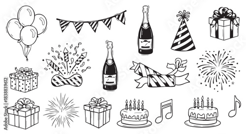 Hand drawn celebration elements with balloons gifts and festive decorations