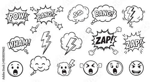 Hand Drawn Comic Bubbles and Speech Elements Doodle Illustration Set