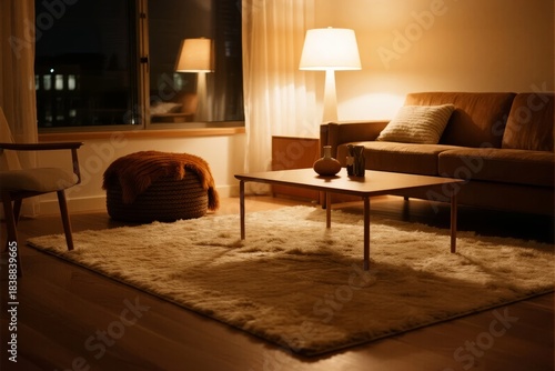 Cozy living room interior with warm lighting, wooden furniture, and plush rug at night