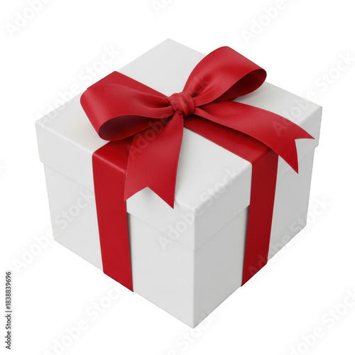 Elegant white gift box with red ribbon and bow on black background for Christmas