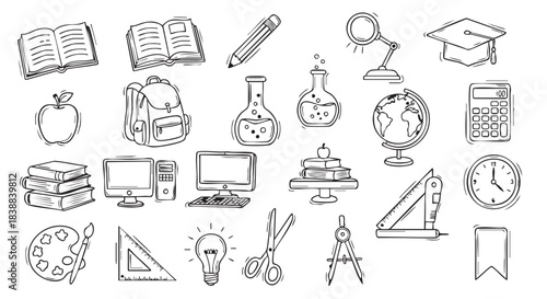 Education themed seamless pattern background with school supplies and computer