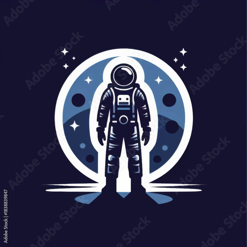 Astronaut in Space Suit Standing on Lunar Surface with Stars.