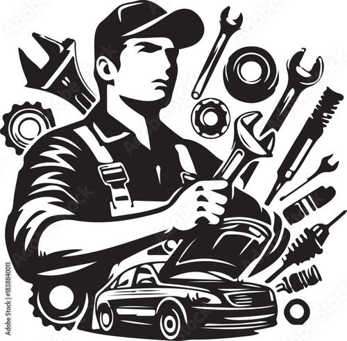 Mechanic man holding wrench working on car engine isolated on