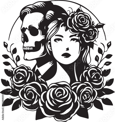 Gothic couple portrait woman and skull with roses, isolated on white