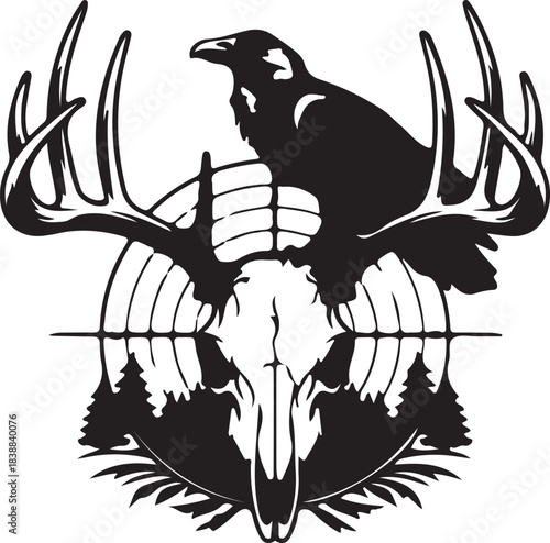 Raven perched on deer skull with antlers and crosshairs, isolated on