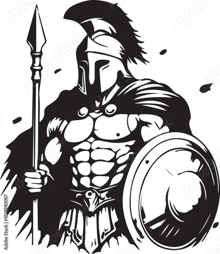 Spartan warrior with helmet, cape, spear, and shield, isolated on
