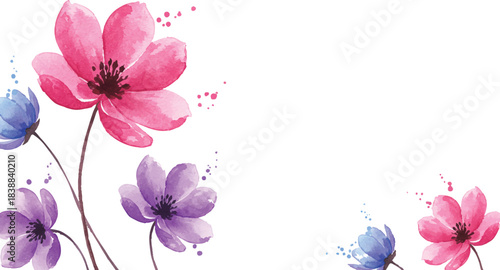 Vibrant watercolor floral design with elegant pink, purple, and blue spring blossoms and artistic paint splatters, ideal for delicate greeting cards, invitations, or serene decorative backgrounds cele