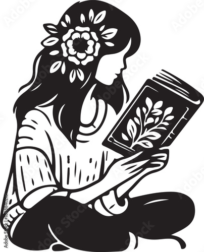 Woman with long hair and flowers reading a book, isolated on white