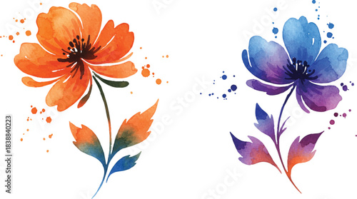 Artistic watercolor floral illustrations featuring vibrant pink and serene blue blossoms, ideal for diverse design projects, spring themes, and adding an elegant, gentle touch to various creative ende