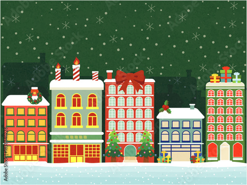 クリスマスの装飾を施した楽しげな建物たちが並ぶ街並み