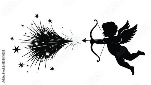 Cupid silhouette firing arrow of love and magic sparks