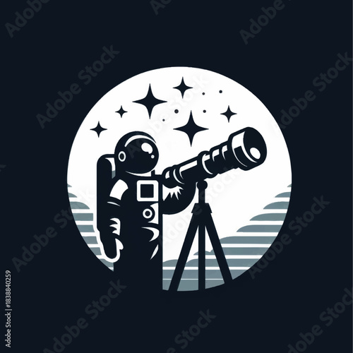 Monochrome illustration of an astronaut observing with a telescope.