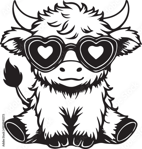 Cute fluffy highland cow sitting wearing heart shaped sunglasses isolated on