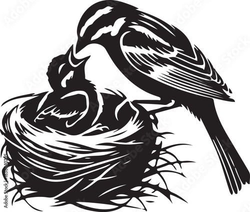 Bird feeding chick in nest, black and white illustration, isolated on white