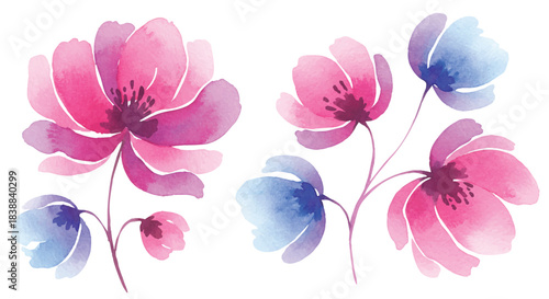 Vibrant watercolor floral illustration embodying artistic expression and delicate natural beauty. Hand-painted pink and blue blossoms, perfect for elegant graphic design projects and enchanting decora