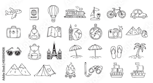Hand drawn travel icons seamless pattern for travel inspiration