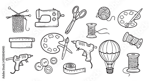 Handmade Craft Supplies and Tools Doodle Style Illustration for Creative Projects
