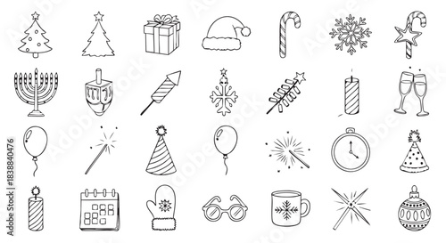 Holiday doodle set with Christmas and Hanukkah elements drawing style