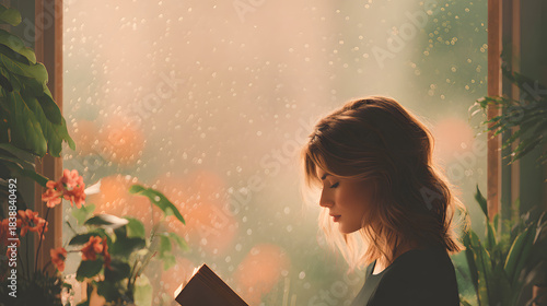 Rain on Window Young woman reading a book by a rain-streaked window surrounded by lush green houseplants and blooming flowers, warm.
