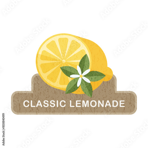 Classic lemonade label. Half yellow lemon with green leaves and white flower, banner shaped background. Logo for bottles, cans or paper cups. Design for beverage or summer events.