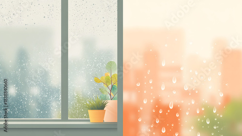 Rain on Window View through a rain-covered window with potted plants on the windowsill during rainy weather.