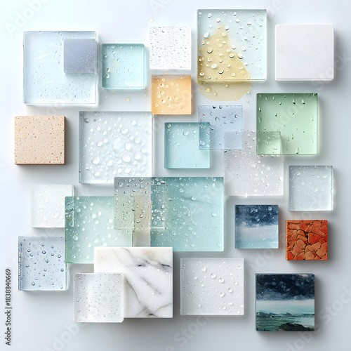 Rain on Window Collection of Colorful Glass and Ceramic Tiles with Water Droplets and Textured Surfaces for Interior Design and Decoration.