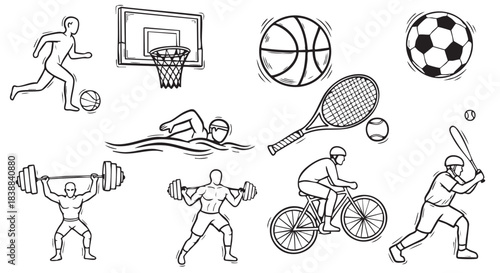 Monochrome line art illustration showcasing diverse athletic activities for fitness inspiration