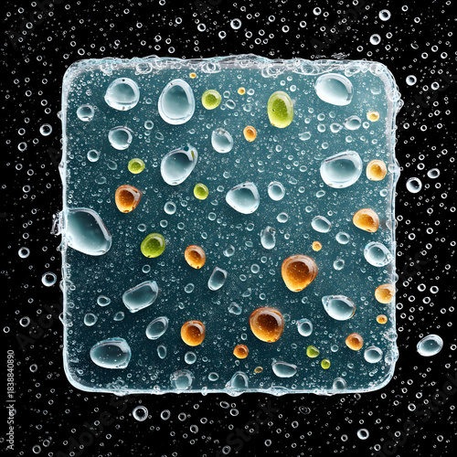 Rain on Window Close-up of a melting ice cube with colorful liquid droplets on a black background.