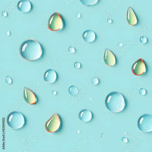 Rain on Window Abstract Splash of Water Droplets and Colorful Liquid Blobs on Light Cyan Background.