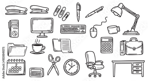 Office Supplies Doodle Illustration Black and White Design for Business
