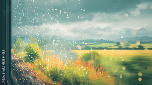 Rain on Window Scenic view of green fields and rolling hills seen through a rainy train window with raindrops and blurred motion.