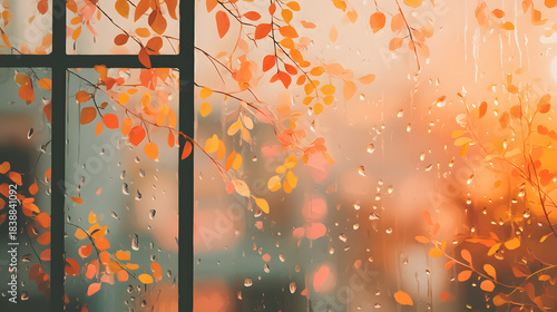 Rain on Window Autumn Leaves on Glass Window with Raindrops and Warm Sunset Light.