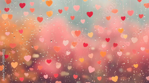 Rain on Window Heart-shaped paper cutouts hanging with water droplets on a rainy window in soft pink orange and red hues for Valentine's.