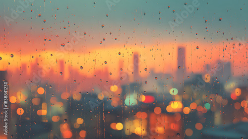 Rain on Window Rainy cityscape at sunset with raindrops on window and blurred urban skyline in the background.