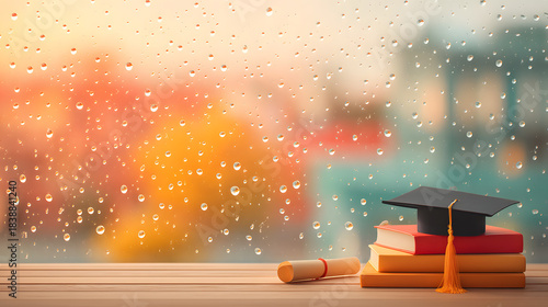 Rain on Window Graduation Cap on Top of Pile of Books with Diploma and Rainy Window Background.