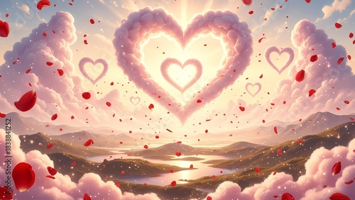 Whimsical Love Heart Clouds Floating in a Romantic Landscape with Falling Rose Petals